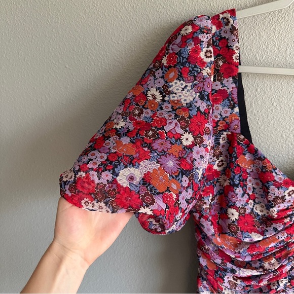 NWT Zara Pink and Red Ruched Puff Sleeve Bodycon Mini Dress Small - Picture 2 of 14